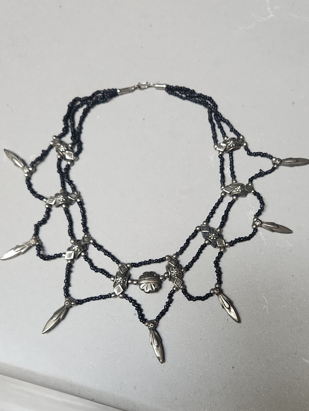 Vintage 1980s Tribal Black Multi-Beaded Silver Necklace Sold By Free PEOPLE